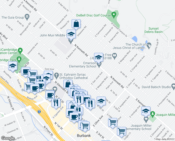map of restaurants, bars, coffee shops, grocery stores, and more near 704 East Harvard Road in Burbank