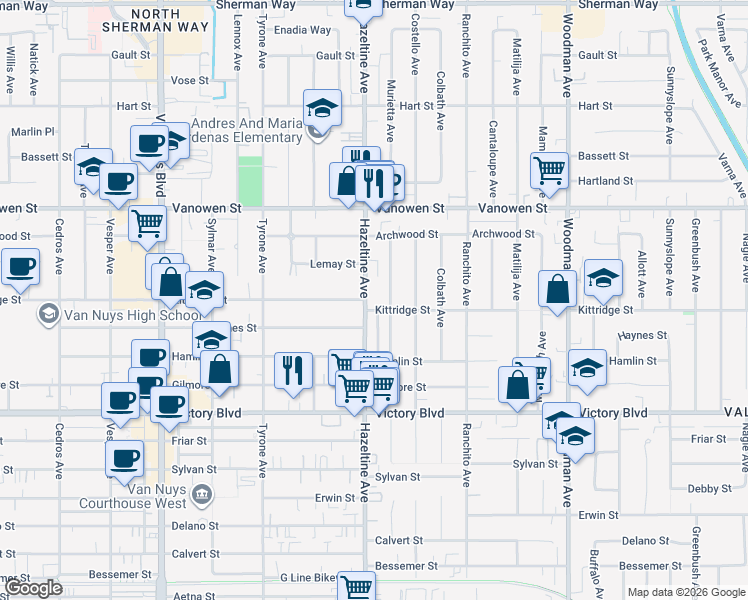 map of restaurants, bars, coffee shops, grocery stores, and more near 6609 Hazeltine Avenue in Los Angeles