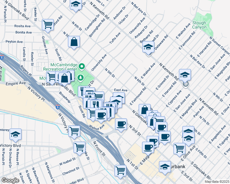 map of restaurants, bars, coffee shops, grocery stores, and more near 1101 East Avenue in Burbank
