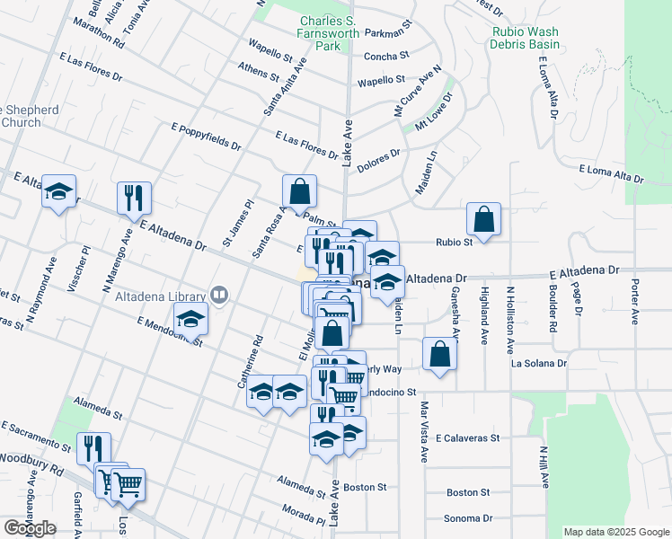 map of restaurants, bars, coffee shops, grocery stores, and more near 2640 Lake Avenue in Altadena