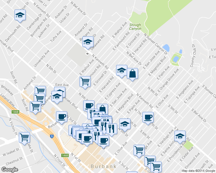 map of restaurants, bars, coffee shops, grocery stores, and more near 704 East Harvard Road in Burbank