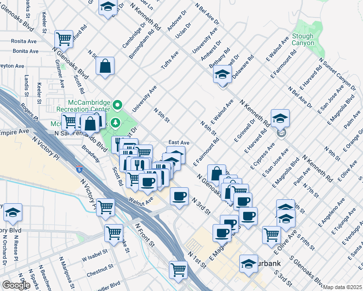 map of restaurants, bars, coffee shops, grocery stores, and more near 1102 East Avenue in Burbank