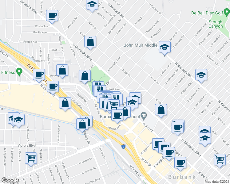 map of restaurants, bars, coffee shops, grocery stores, and more near 316 Bethany Road in Burbank