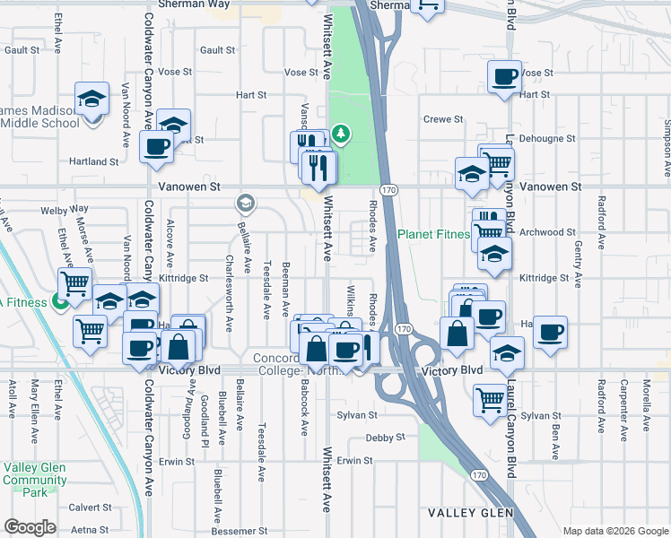 map of restaurants, bars, coffee shops, grocery stores, and more near 6623 1/2 Whitsett Avenue in Los Angeles