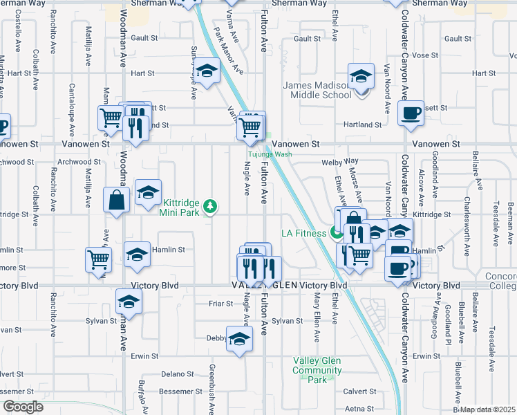 map of restaurants, bars, coffee shops, grocery stores, and more near 6626 Nagle Avenue in Los Angeles