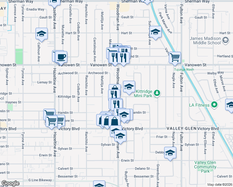 map of restaurants, bars, coffee shops, grocery stores, and more near 6624 Woodman Avenue in Los Angeles