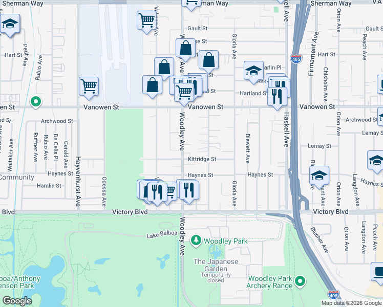 map of restaurants, bars, coffee shops, grocery stores, and more near 6618 Woodley Avenue in Los Angeles