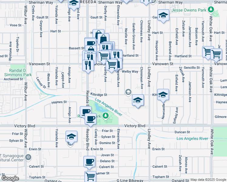 map of restaurants, bars, coffee shops, grocery stores, and more near 6620 Darby Avenue in Los Angeles