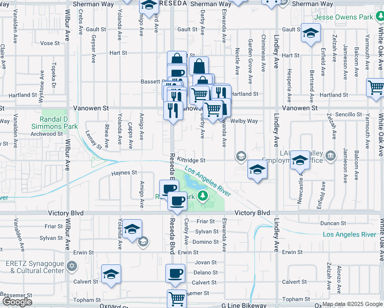map of restaurants, bars, coffee shops, grocery stores, and more near 18431 Kittridge Street in Los Angeles