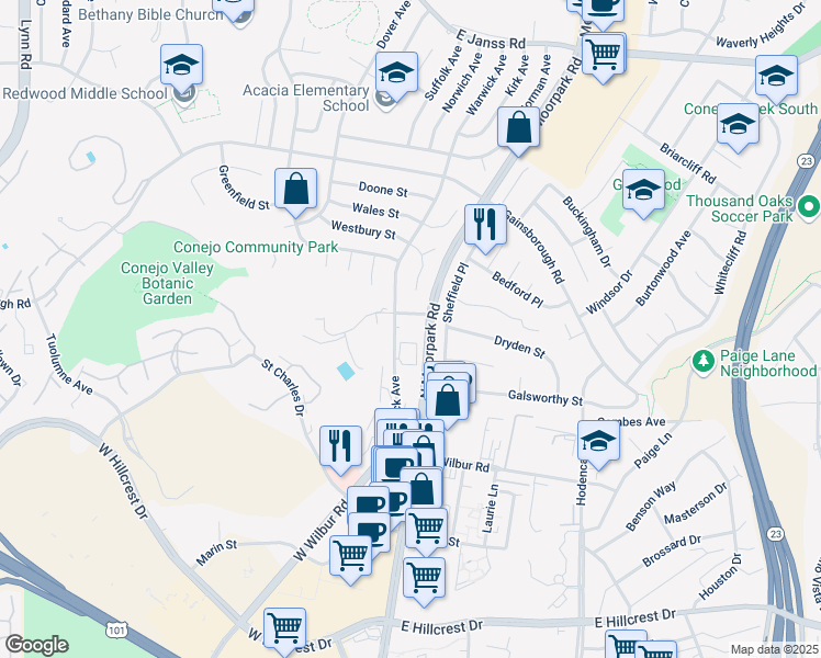 map of restaurants, bars, coffee shops, grocery stores, and more near 19 Mayflower Street in Thousand Oaks