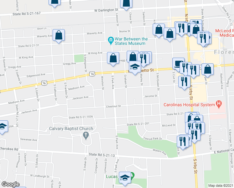map of restaurants, bars, coffee shops, grocery stores, and more near 608 West Pine Street in Florence