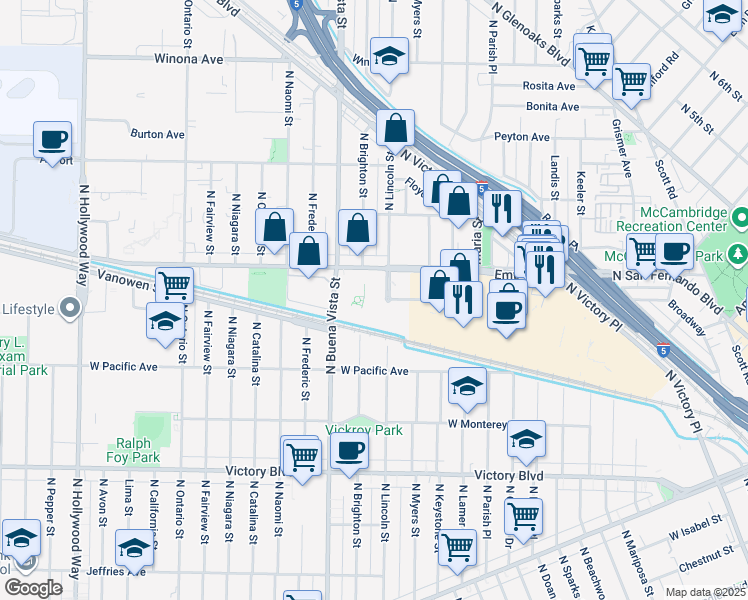 map of restaurants, bars, coffee shops, grocery stores, and more near 2350 Empire Avenue in Burbank