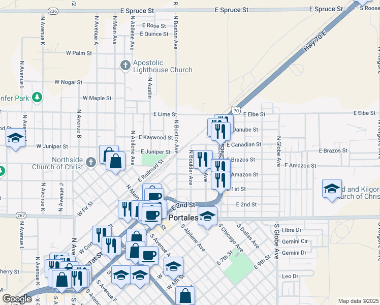 map of restaurants, bars, coffee shops, grocery stores, and more near 1005 North Bryan Avenue in Portales