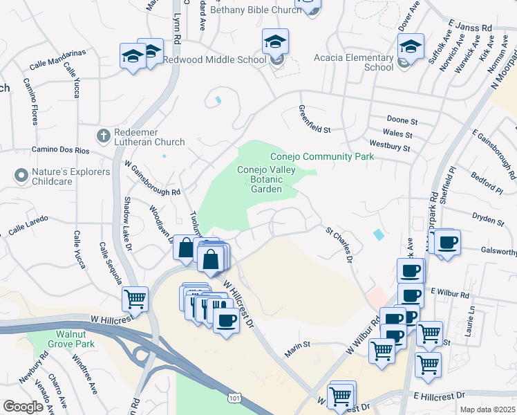map of restaurants, bars, coffee shops, grocery stores, and more near 327 Chestnut Hill Court in Thousand Oaks