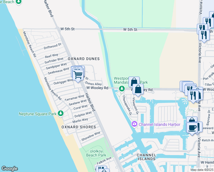 map of restaurants, bars, coffee shops, grocery stores, and more near 1062 Canal Street in Oxnard