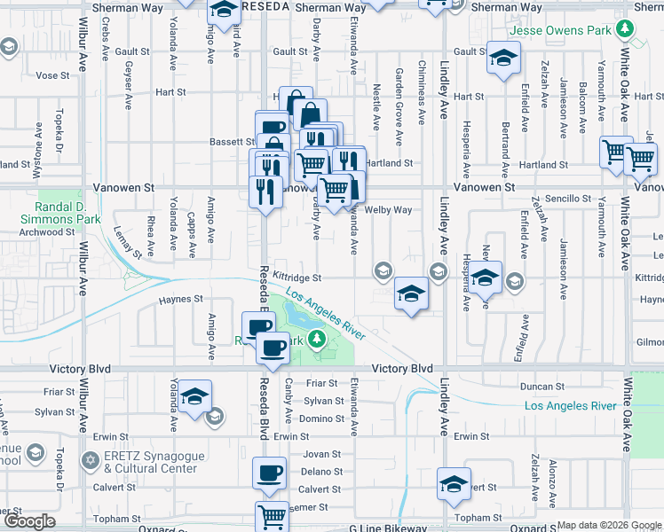 map of restaurants, bars, coffee shops, grocery stores, and more near 18331 Kittridge Street in Reseda