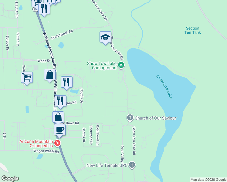 map of restaurants, bars, coffee shops, grocery stores, and more near 5596 Show Low Lake Road in Navajo County