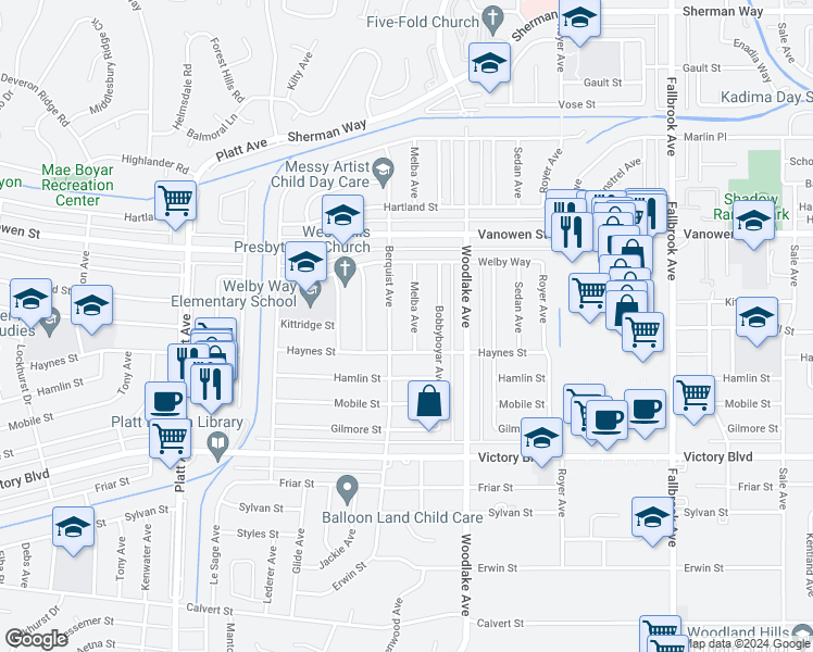 map of restaurants, bars, coffee shops, grocery stores, and more near 6629 Melba Avenue in Los Angeles