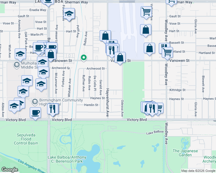 map of restaurants, bars, coffee shops, grocery stores, and more near 6627 Hayvenhurst Avenue in Los Angeles