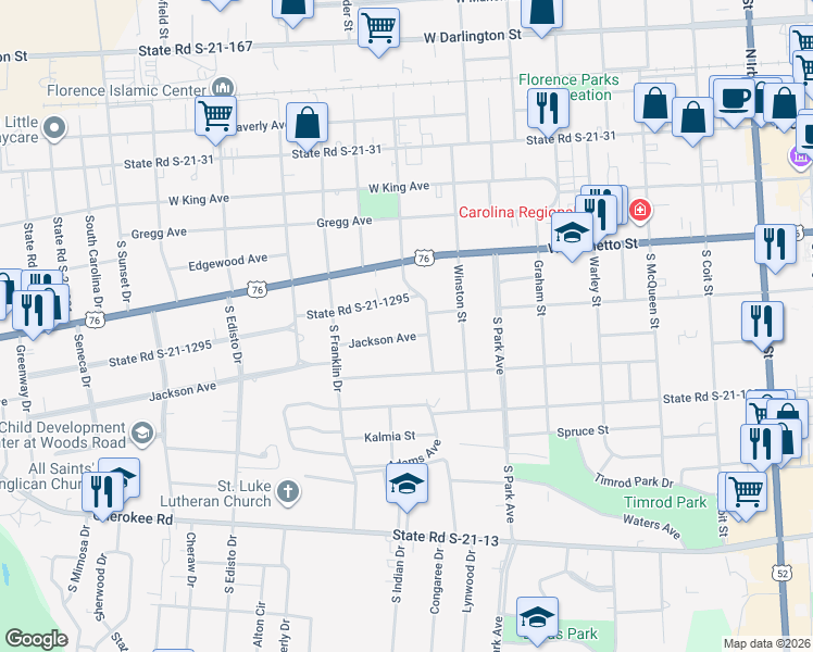 map of restaurants, bars, coffee shops, grocery stores, and more near 909 Jackson Avenue in Florence