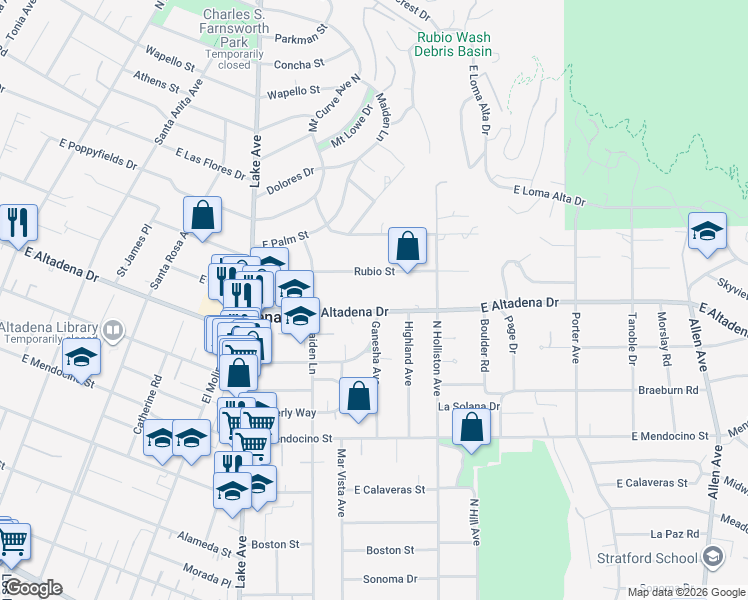 map of restaurants, bars, coffee shops, grocery stores, and more near 1201 East Altadena Drive in Altadena
