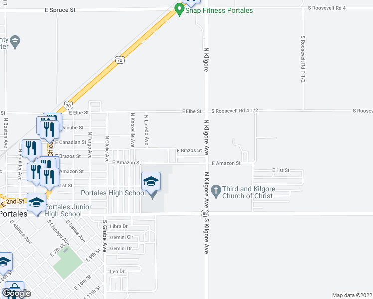 map of restaurants, bars, coffee shops, grocery stores, and more near 1613 East Brazos Street in Portales
