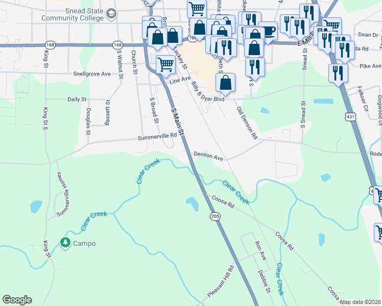 map of restaurants, bars, coffee shops, grocery stores, and more near 4 Denson Avenue in Boaz