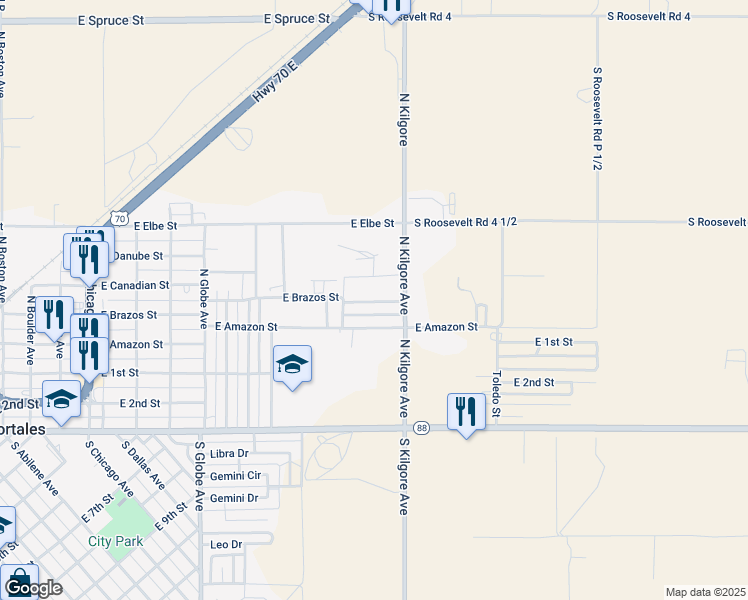 map of restaurants, bars, coffee shops, grocery stores, and more near 1621 East Brazos Street in Portales
