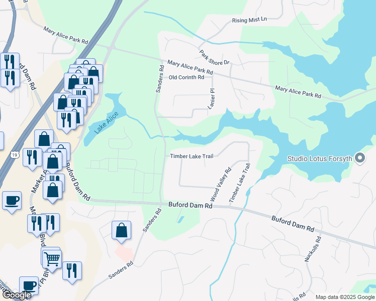 map of restaurants, bars, coffee shops, grocery stores, and more near 835 Timber Lake Trail in Cumming