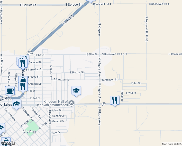 map of restaurants, bars, coffee shops, grocery stores, and more near 1617 East Brazos Street in Portales