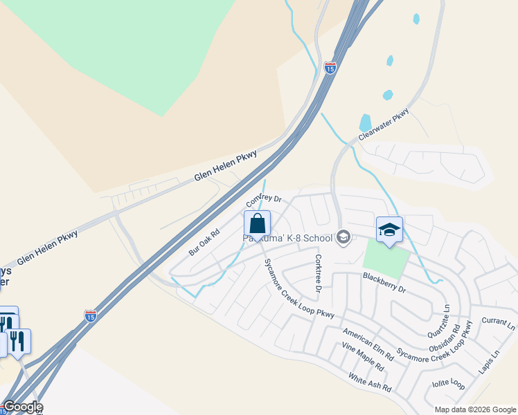 map of restaurants, bars, coffee shops, grocery stores, and more near 17480 Chervil Lane in San Bernardino