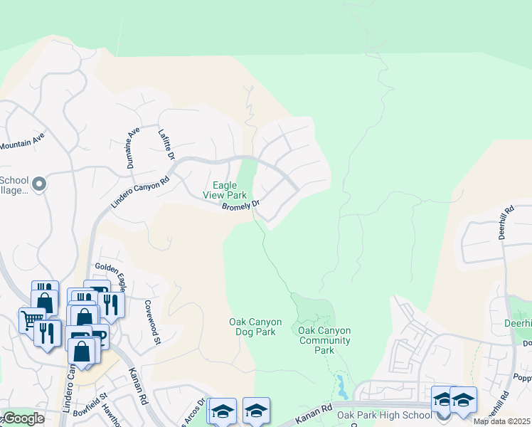 map of restaurants, bars, coffee shops, grocery stores, and more near 5420 Bromely Drive in Oak Park