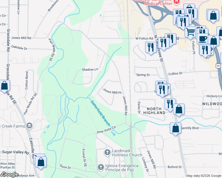 map of restaurants, bars, coffee shops, grocery stores, and more near 11 Jones Mill Pl in Cartersville