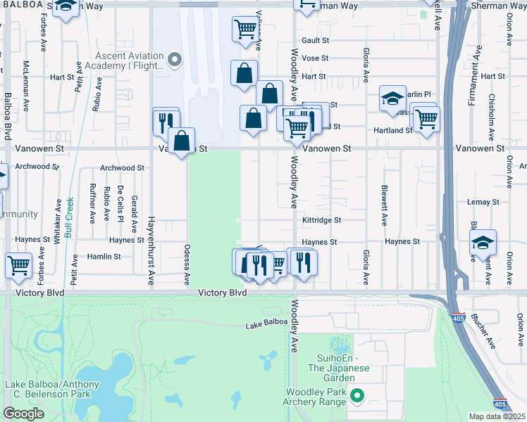 map of restaurants, bars, coffee shops, grocery stores, and more near 6614 Valjean Avenue in Los Angeles
