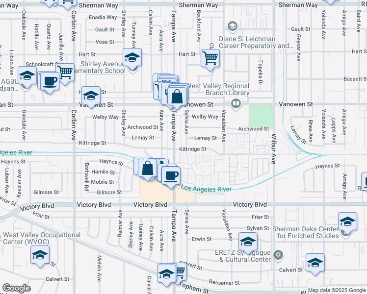 map of restaurants, bars, coffee shops, grocery stores, and more near 6615 Sylvia Avenue in Los Angeles