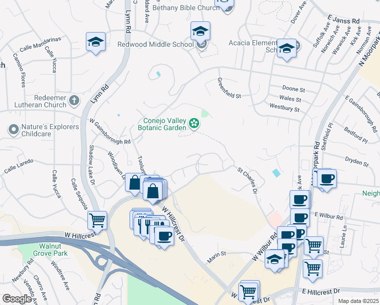 map of restaurants, bars, coffee shops, grocery stores, and more near 327 Chestnut Hill Court in Thousand Oaks