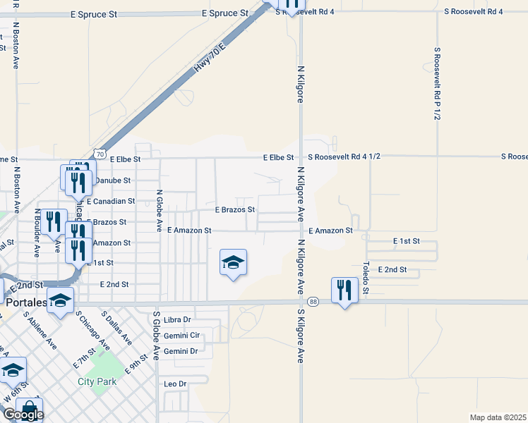 map of restaurants, bars, coffee shops, grocery stores, and more near 1605 East Brazos Street in Portales