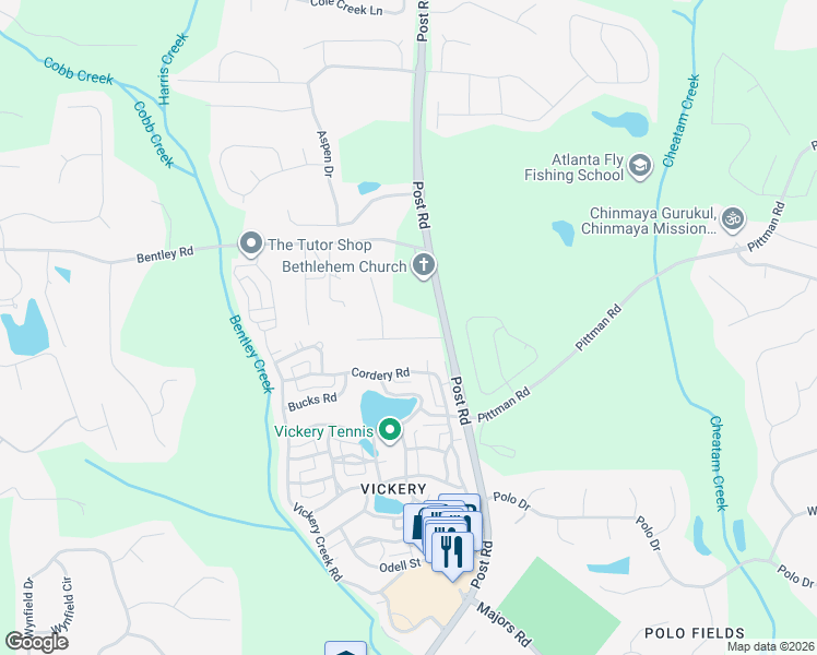 map of restaurants, bars, coffee shops, grocery stores, and more near 5630 Sourwood Road in Cumming