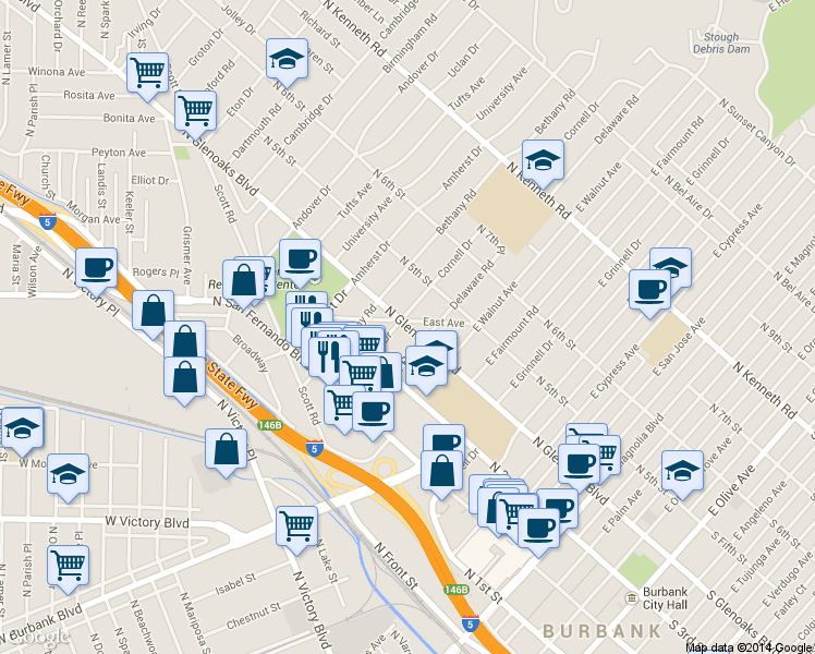 map of restaurants, bars, coffee shops, grocery stores, and more near 1123 N Glenoaks Blvd in Burbank
