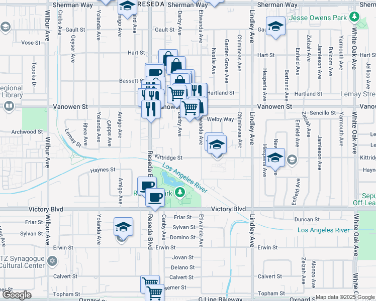 map of restaurants, bars, coffee shops, grocery stores, and more near 18331 Kittridge Street in Los Angeles