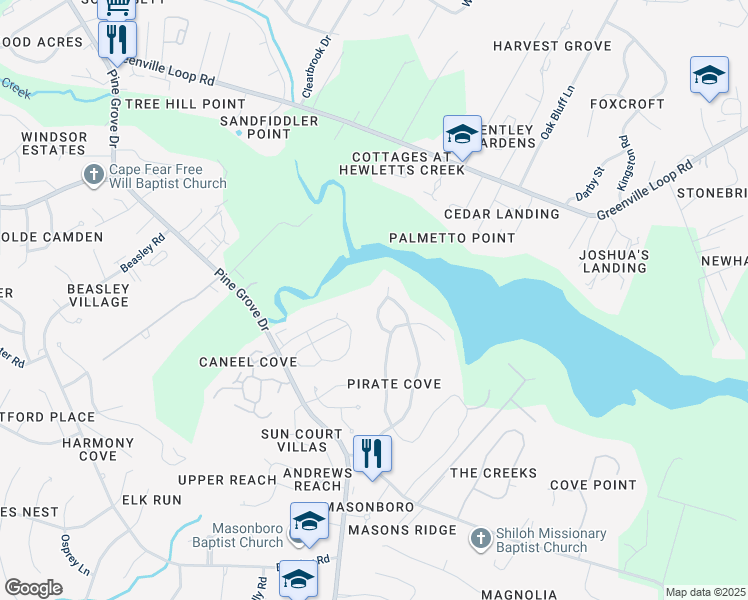 map of restaurants, bars, coffee shops, grocery stores, and more near 421 Windward Drive in Wilmington