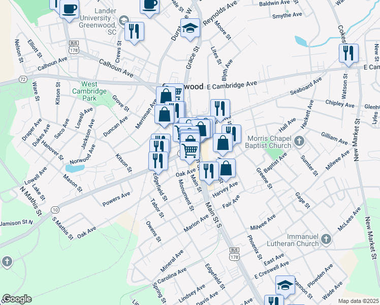 map of restaurants, bars, coffee shops, grocery stores, and more near 302 Main Street in Greenwood