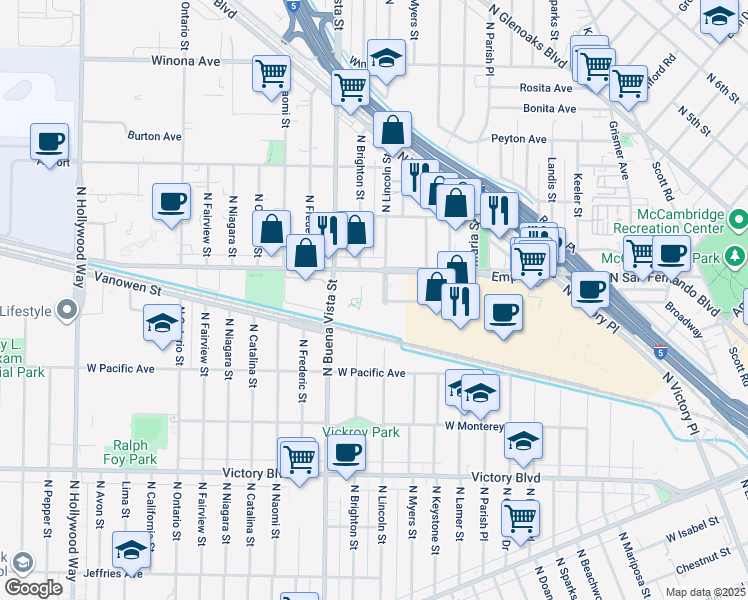 map of restaurants, bars, coffee shops, grocery stores, and more near 2350 Empire Avenue in Burbank