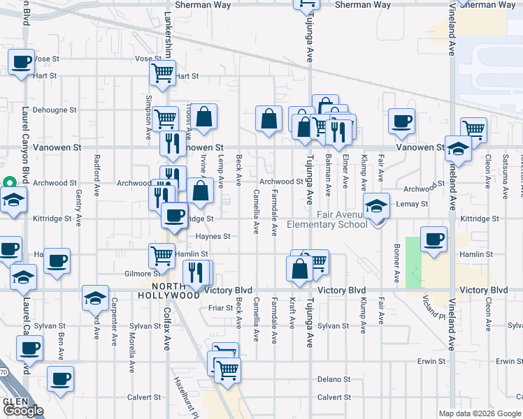 map of restaurants, bars, coffee shops, grocery stores, and more near 6614 Camellia Avenue in Los Angeles