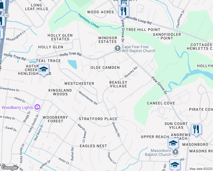 map of restaurants, bars, coffee shops, grocery stores, and more near 420 Beasley Road in Wilmington