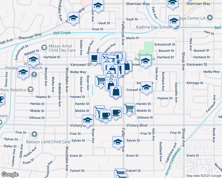 map of restaurants, bars, coffee shops, grocery stores, and more near 6625 Fallbrook Avenue in Los Angeles