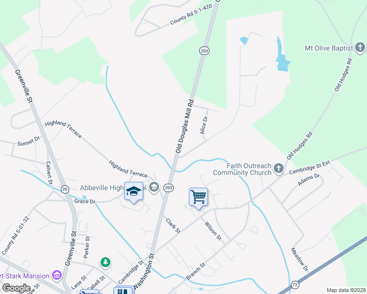 map of restaurants, bars, coffee shops, grocery stores, and more near 904 Washington Street in Abbeville