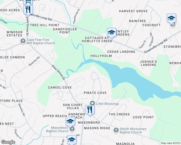 map of restaurants, bars, coffee shops, grocery stores, and more near 421 Windward Drive in Wilmington