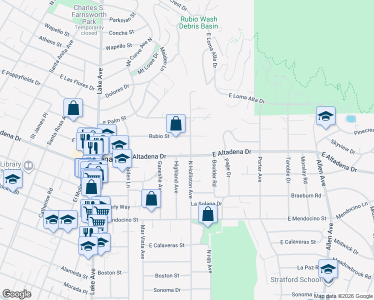 map of restaurants, bars, coffee shops, grocery stores, and more near 1325 East Altadena Drive in Altadena
