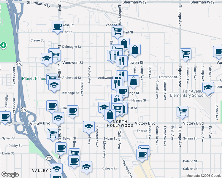 map of restaurants, bars, coffee shops, grocery stores, and more near 11726 Lemay Street in Los Angeles